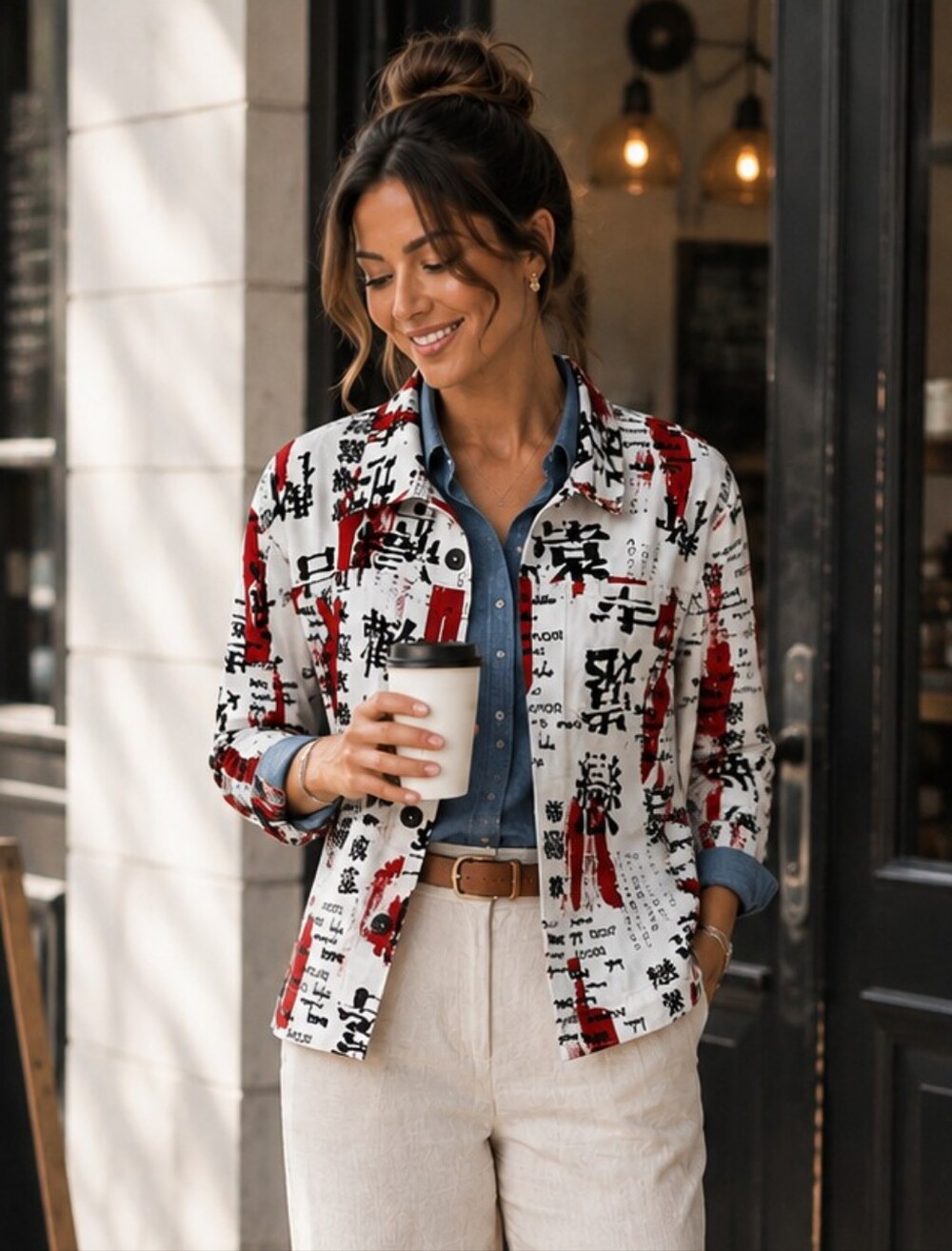 CHICO'S Vintage 1990s  Design Kanji Asian Print Button-Up Jacket.